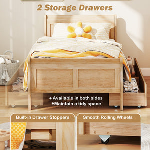 Twin Size Sleigh Bed with 2 Storage Drawers Wood Platform Bed Frame-Natural view 8