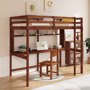 Twin Size Solid Wood Slatted Loft Bed Frame with Safety Guardrail for Kid-Brown view 2