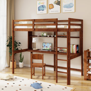 Twin Size Solid Wood Slatted Loft Bed Frame with Safety Guardrail for Kid-Brown view 3