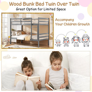 Twin Size Sturdy Wooden Bunk Beds with Ladder and Safety Rail-Gray view 6