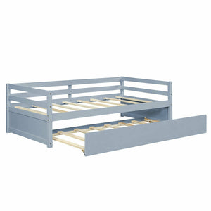 Twin Size Trundle Platform Bed Frame with, Wooden Slat Support-Gray