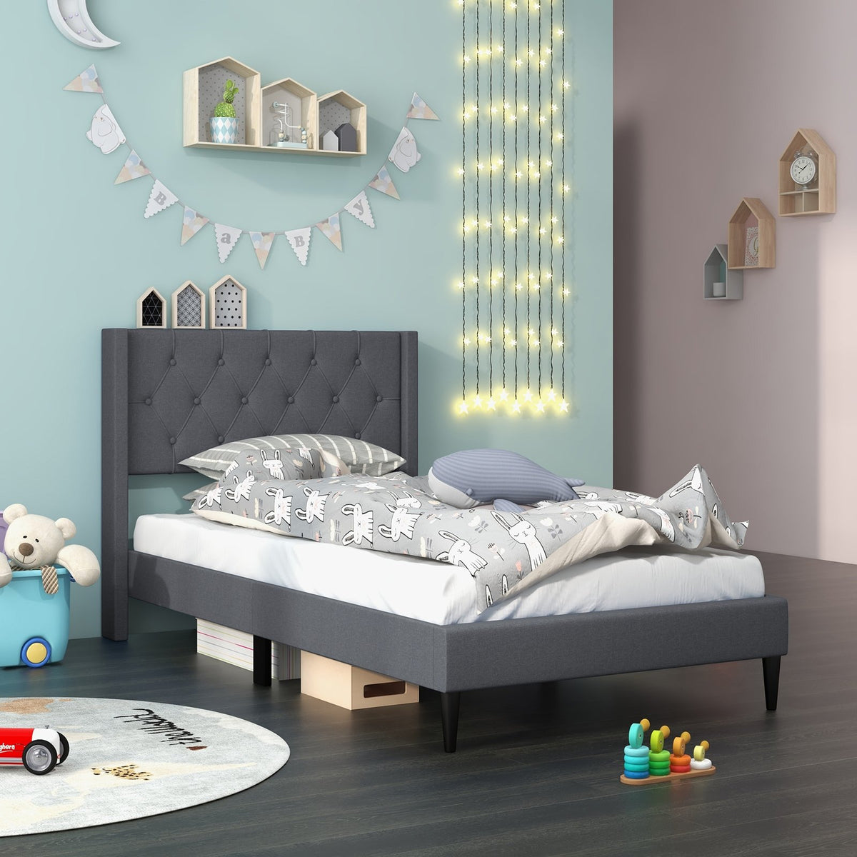 Twin Size Upholstered Platform Bed with Button Tufted Wingback Headboard-Gray view 2