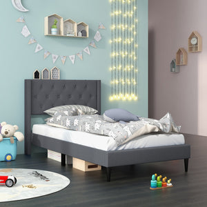 Twin Size Upholstered Platform Bed with Button Tufted Wingback Headboard-Gray view 2