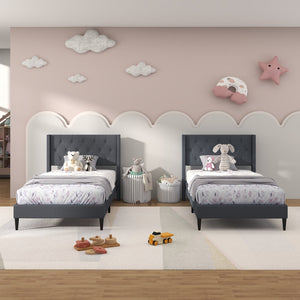 Twin Size Upholstered Platform Bed with Button Tufted Wingback Headboard-Gray view 3