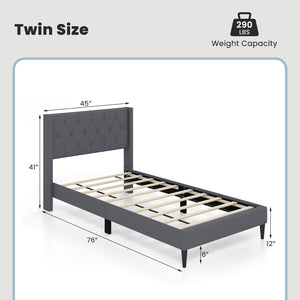 Twin Size Upholstered Platform Bed with Button Tufted Wingback Headboard-Gray view 4