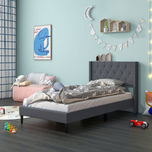 Twin Size Upholstered Platform Bed with Button Tufted Wingback Headboard-Gray view 5