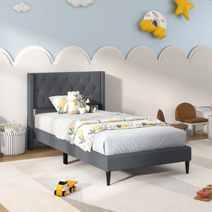 Twin Size Upholstered Platform Bed with Button Tufted Wingback Headboard-Gray view 6