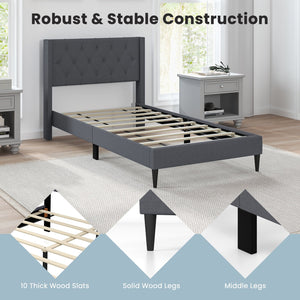 Twin Size Upholstered Platform Bed with Button Tufted Wingback Headboard-Gray view 7