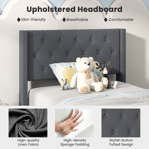 Twin Size Upholstered Platform Bed with Button Tufted Wingback Headboard-Gray view 9