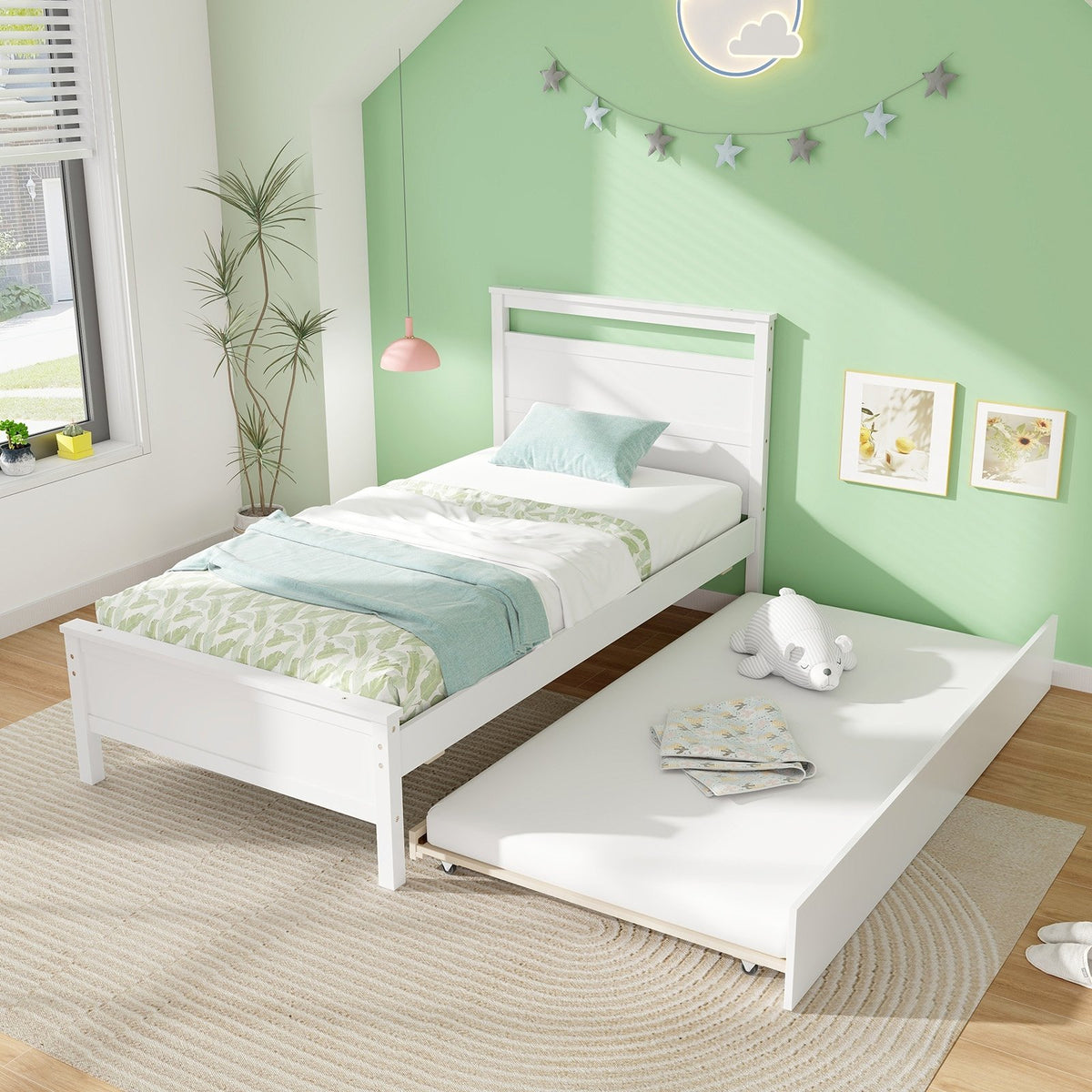Twin Size Wooden Bed Frame with Trundle for Teens and Adults-White view 2