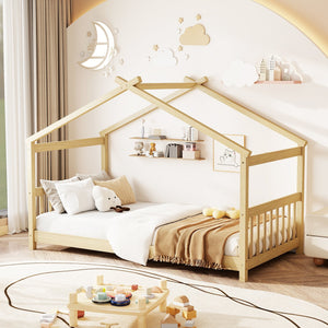 Twin Size Wooden House Bed with Roof-Natural view 2