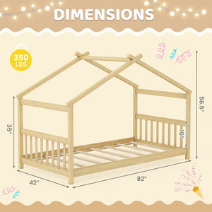 Twin Size Wooden House Bed with Roof-Natural view 4