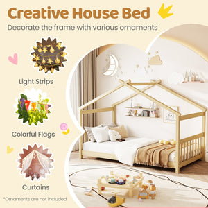 Twin Size Wooden House Bed with Roof-Natural view 9