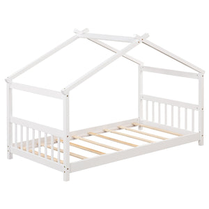 Twin Size Wooden House Bed with Roof-White