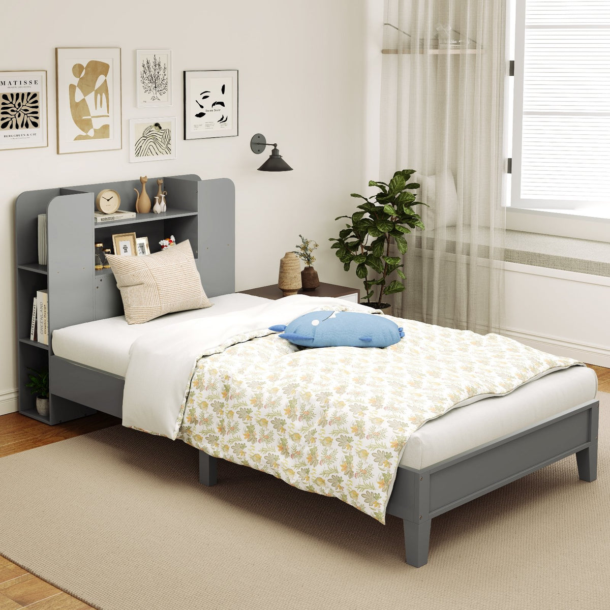 Twin Size Wooden Platform Bed Frame with Bookcase Headboard-Gray view 2