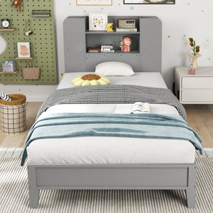 Twin Size Wooden Platform Bed Frame with Bookcase Headboard-Gray view 5