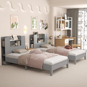 Twin Size Wooden Platform Bed Frame with Bookcase Headboard-Gray view 6