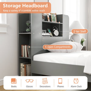 Twin Size Wooden Platform Bed Frame with Bookcase Headboard-Gray view 8