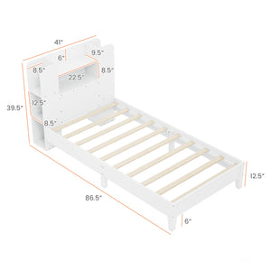 Twin Size Wooden Platform Bed Frame with Bookcase Headboard-White view 5