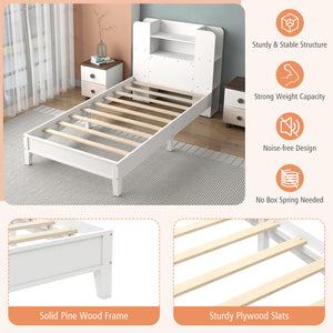 Twin Size Wooden Platform Bed Frame with Bookcase Headboard-White view 6