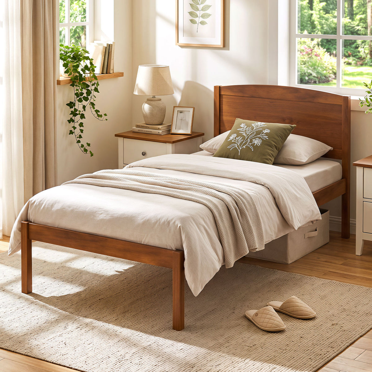 Twin Size Wooden Platform Bed Frame with Curved Headboard-Walnut view 2