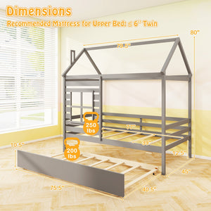 Twin Size Wooden Platform House Bed with Trundle and Roof-Grey view 4