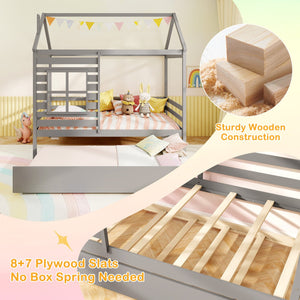 Twin Size Wooden Platform House Bed with Trundle and Roof-Grey view 8
