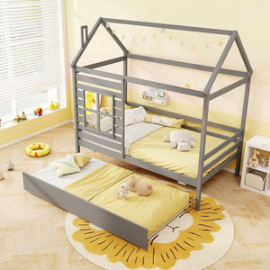Twin Size Wooden Platform House Bed with Trundle and Roof-Grey view 9