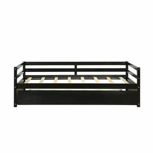 Twin Size Trundle Platform Bed Frame with, Wooden Slat Support-Dark Brown view 4