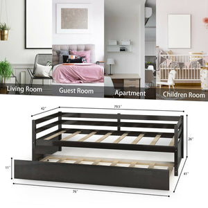 Twin Size Trundle Platform Bed Frame with, Wooden Slat Support-Dark Brown view 5