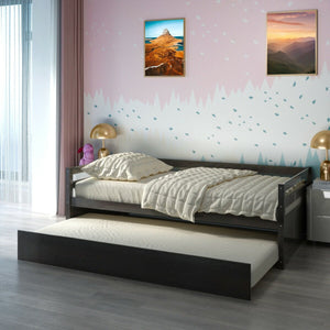 Twin Size Trundle Platform Bed Frame with, Wooden Slat Support-Dark Brown view 8