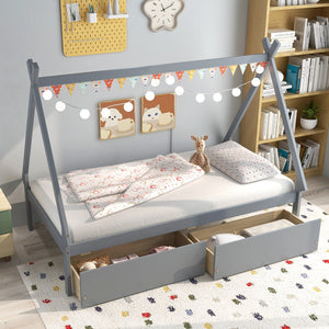Twin Size Wooden Tent Platform House Bed with 2 Drawers-Gray view 5