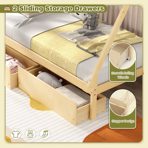 Twin Size Wooden Tent Platform House Bed with 2 Drawers-Natural view 8