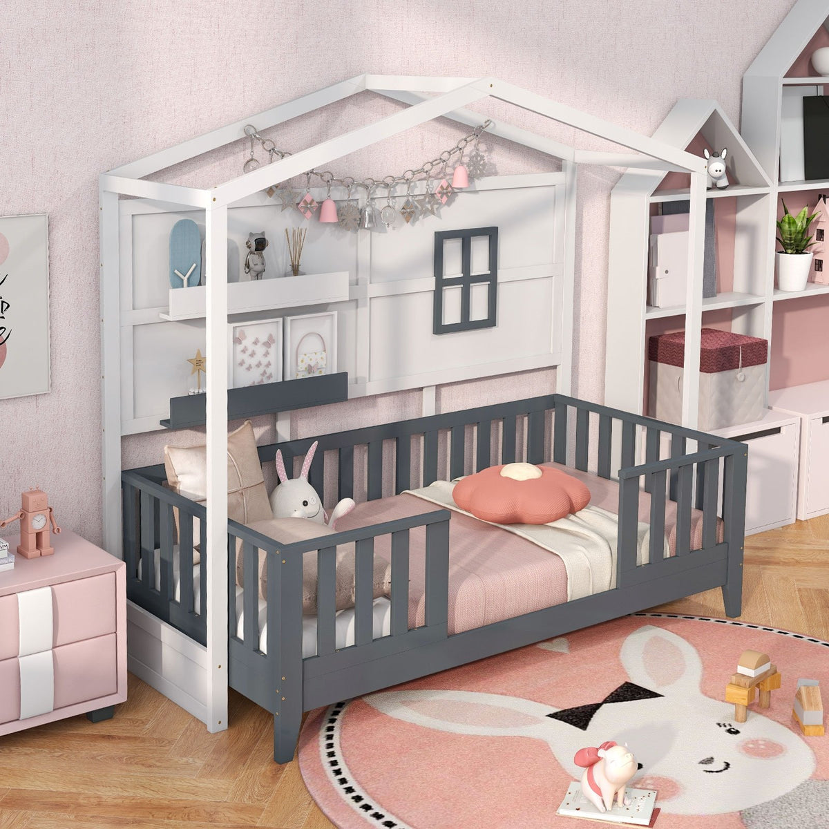 Twin Wood House Bed Montessori Floor Bed with 2 Shelves and Guardrails-Gray & White view 2