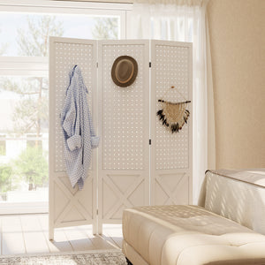 4.7' 3 Panel Wooden Room Divider with Pegboard Display, Folding Privacy Screen for Home Office, Natural – view 14