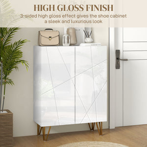 Narrow Shoe Storage Cabinet with Soft-Close Hinges and Adjustable Shelves for 15-20 Pairs of Shoes, High Gloss White