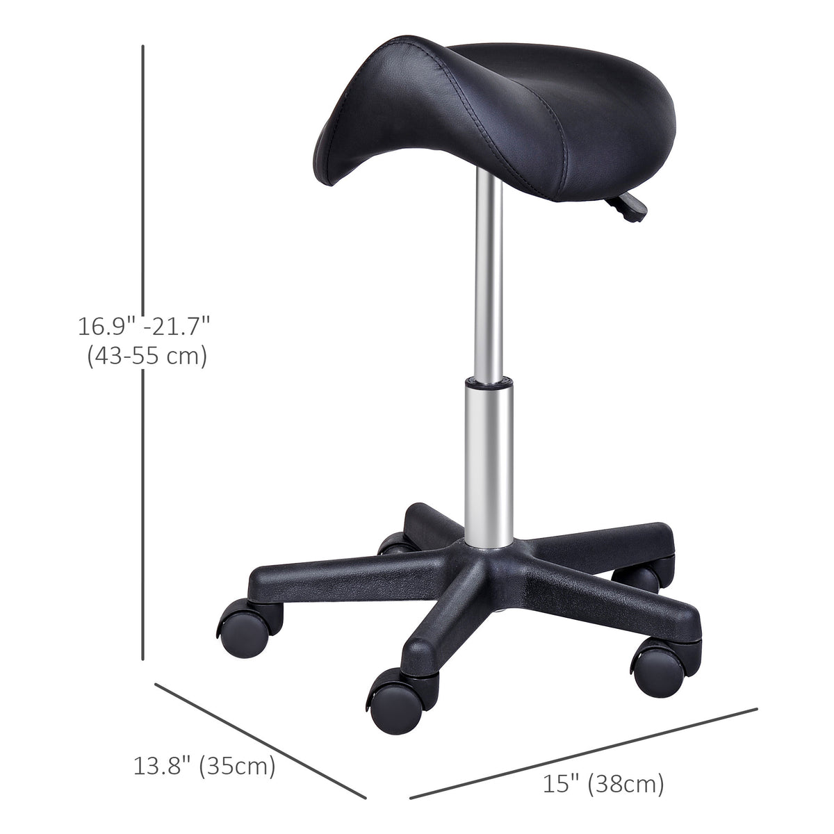 Saddle Stool, PU Leather Rolling Stool with Wheels, Adjustable Salon Chair for Kitchen, Salon Spa, Bar, Home Office, Massage, Black