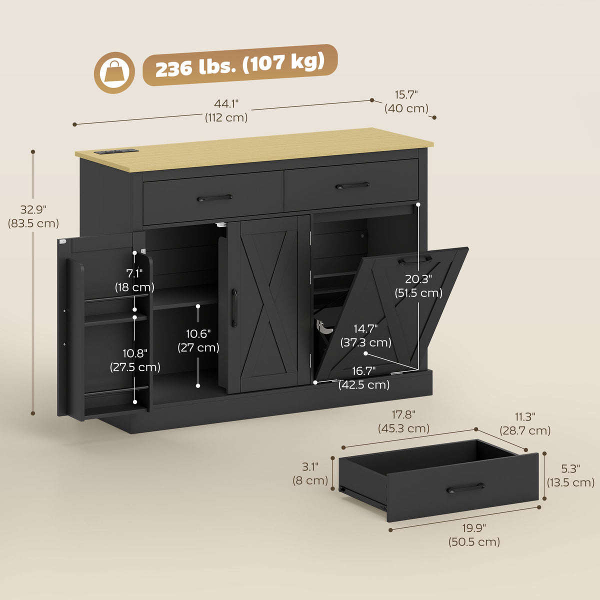 7 Gallon Tilt Out Garbage Cabinet, Kitchen Island with Charging Station, 2 Drawers, 4 Door Racks, Black – view 2