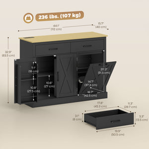 7 Gallon Tilt Out Garbage Cabinet, Kitchen Island with Charging Station, 2 Drawers, 4 Door Racks, Black – view 2