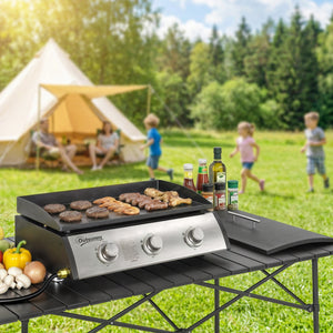 Propane Gas Grill with 3 Main Burners, 8530 BTU Outdoor BBQ Grill Cart with Non-Stick Griddle and Lid, Black