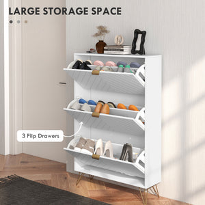 Modern Shoe Storage Cabinet with 3 Flip Drawers for 18 Pairs, Narrow Shoe Organizer for Entryway, Hallway, White