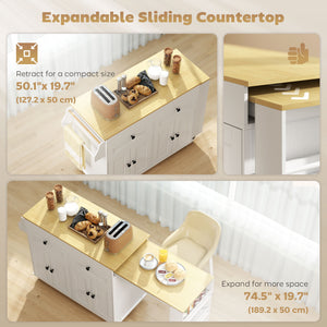 Kitchen Island with Sliding Expandable Top, Rolling Kitchen Cart with Drawers, Cabinets & Spice Rack, White