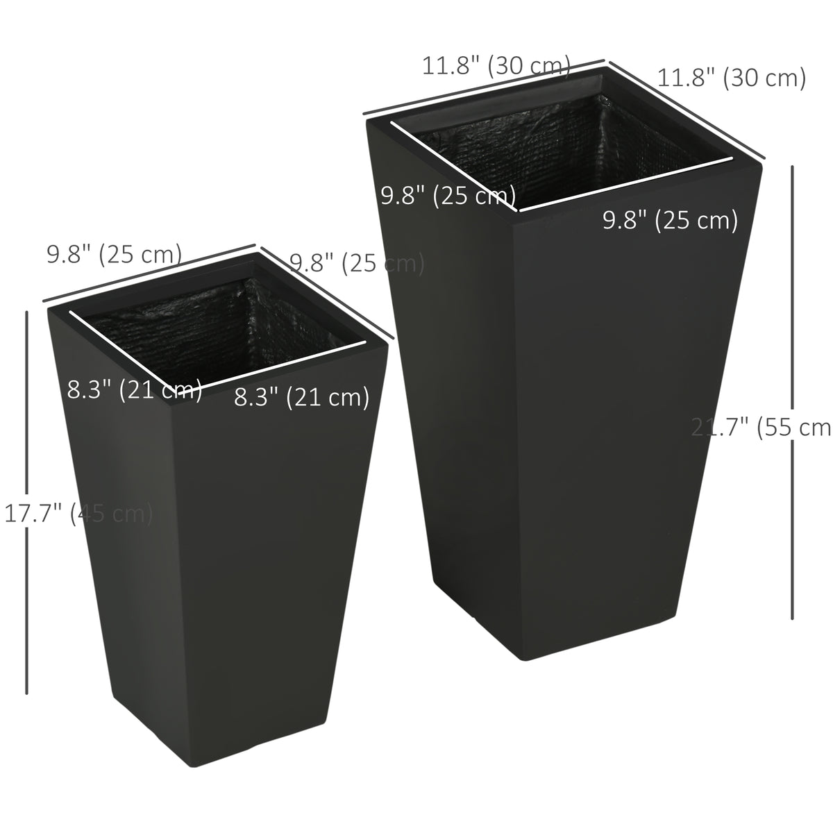 Set of 2 Tall Planters with Drainage Holes, 22" / 18" Outdoor Flower Pots for Patio, Yard, Garden, Black – view 2