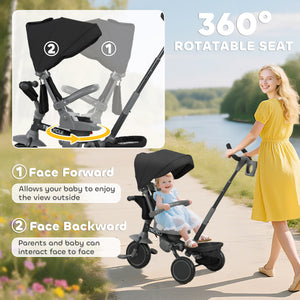 Qaba 6 in 1 Toddler Tricycle for 1-5 Years Old with Push Handle, Removable Canopy, Rotatable Seat