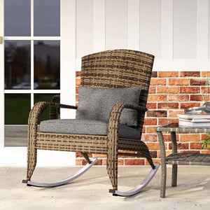 Adirondack Chair, Outdoor Wicker Rocking Chair with High Back, Seat Cushion and Pillow for Porch, Balcony, Cream/Brown
