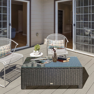 Rattan Coffee Table, Patio Side Table, Hand-woven Wicker Furniture with Tempered Glass Top Outdoor Garden Patio, Black