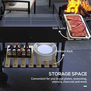 Charcoal Grill,Barbecue Trolley with Double Adjustable Grill, Side Table, Storage Shelf and Wheels, Black