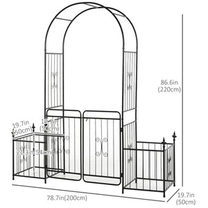 7.2FT Metal Garden Arch with Gate, 2 Side Planter Baskets, Garden Arbor Archway Trellis for Roses and Climbing Plants, Black