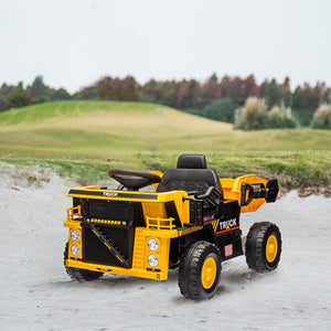 Qaba 12V Kids Ride On Dump Truck Construction Vehicle w/ Electric Dump Bed, Shovel, Spring Suspension Wheels