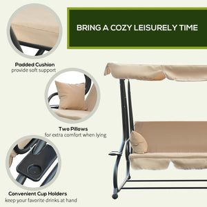 3-Seat Outdoor Patio Swing Chair, 2-in-1 Convertible Flat Bed, Canopy Swing with Adjustable Shade, Removable Cushions, Cup Holder, Beige